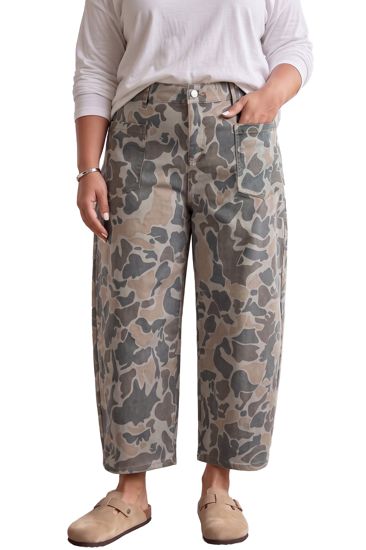 Plus Size Camo Barrel Jeans