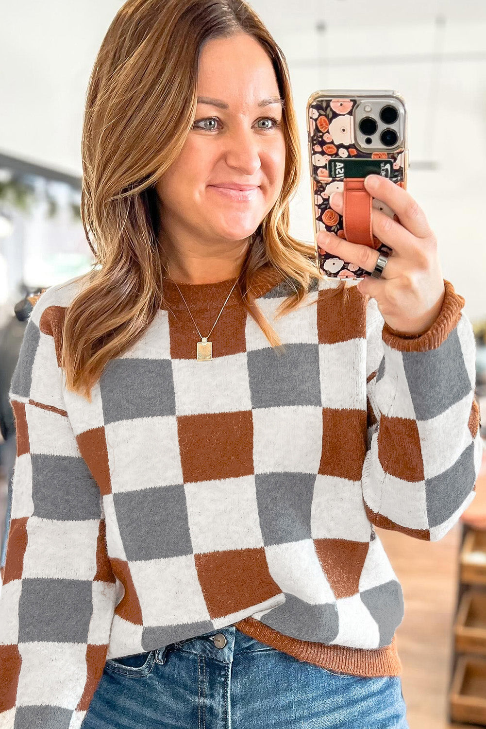 Brown Checkered Crewneck Sweater