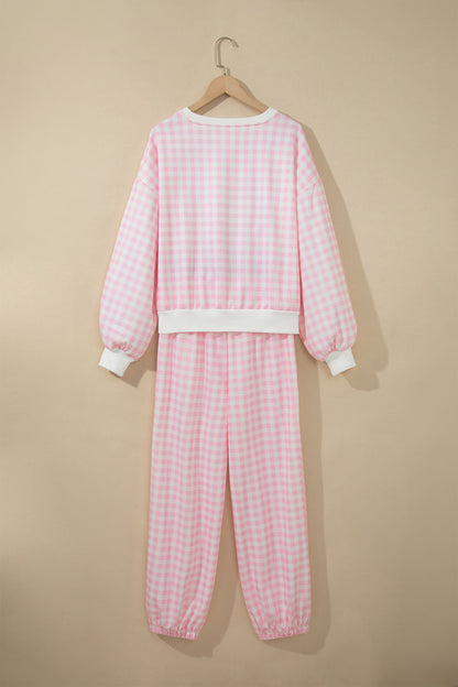Pink Plaid Long Sleeve Two Piece Pant Set