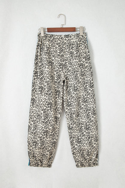 Brown Leopard Print Rainbow Striped Detail Buttoned Loose Jogger Jeans
