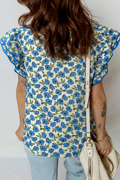 Tiered Floral Flutter-Sleeve Blouse
