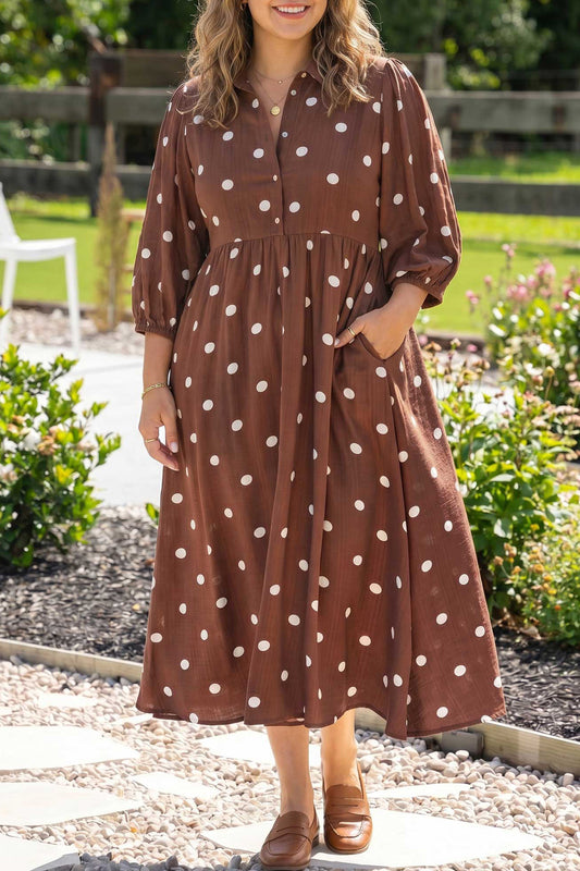 Brown Polka Dot Pocket Midi Dress