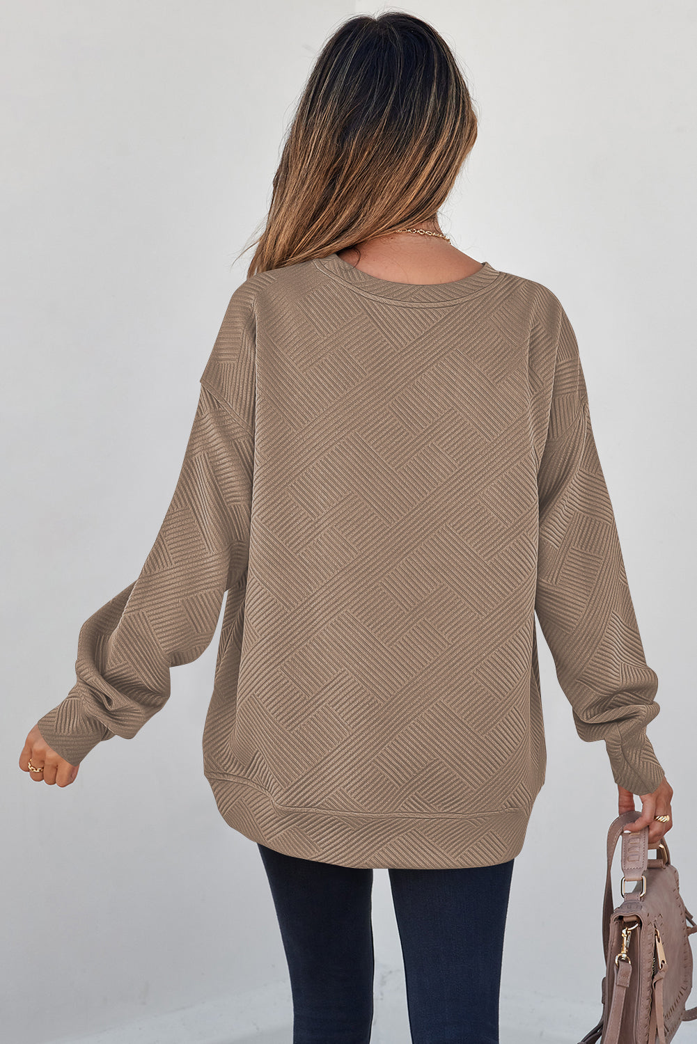 Textured Round Neck Drop Shoulder Pullover Sweatshirt