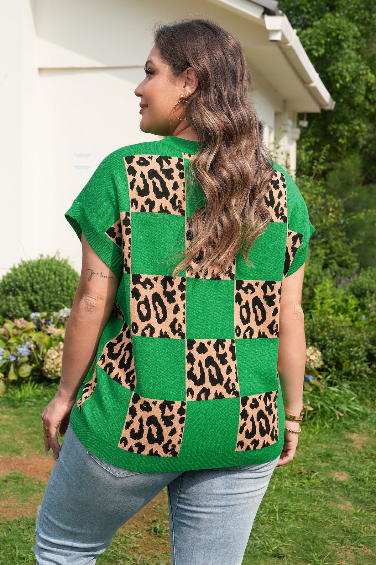 Leopard Checkered Short Sleeve Sweater