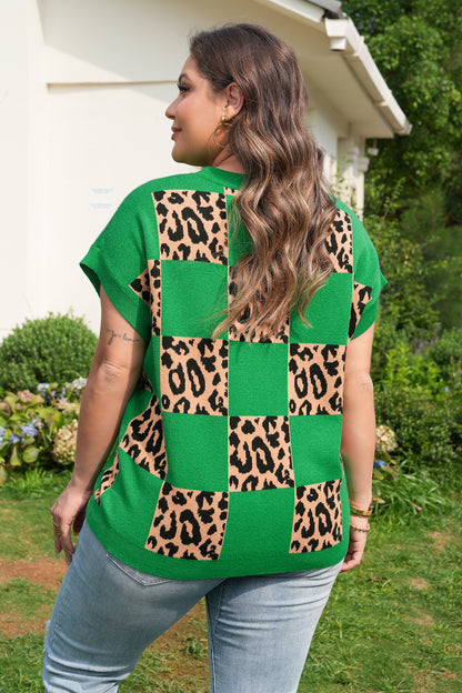 Leopard Checkered Short Sleeve Sweater