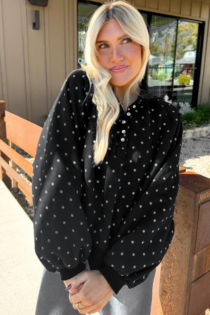 Polka Dot Button Collar Sweatshirt