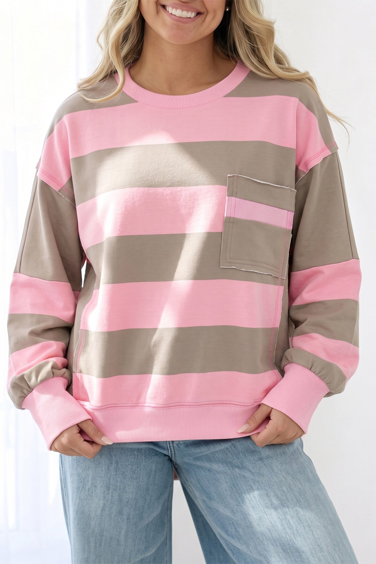 Striped Raw-Seam Drop-Shoulder Sweatshirt