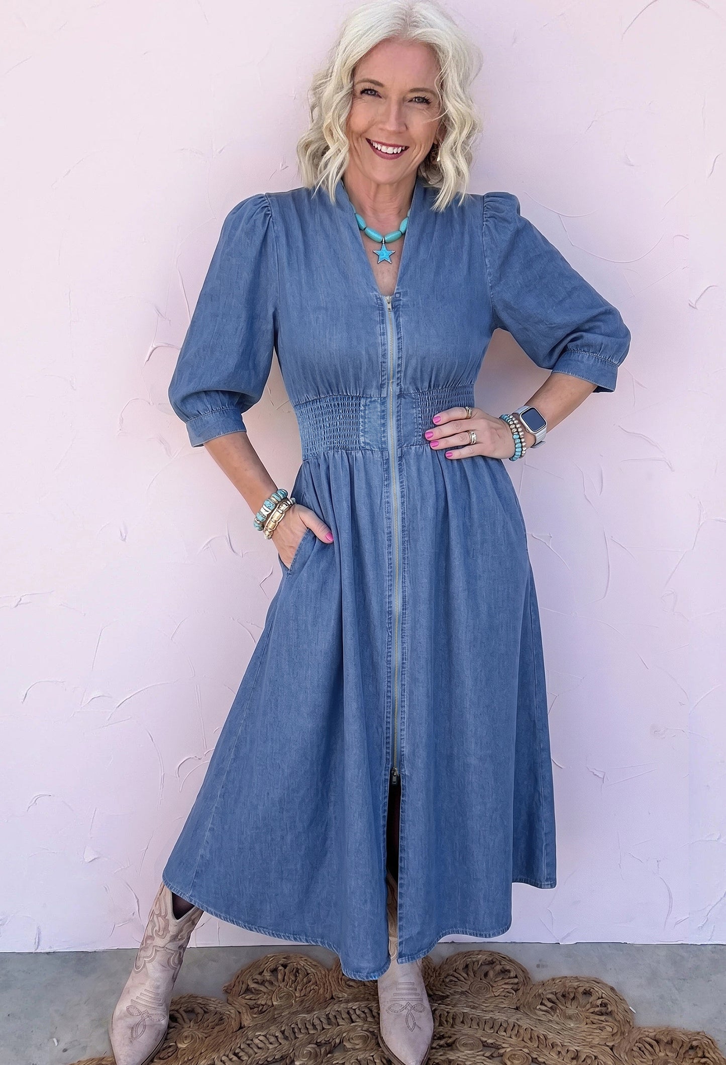 Riverbend Denim Puff Sleeve Midi Dress