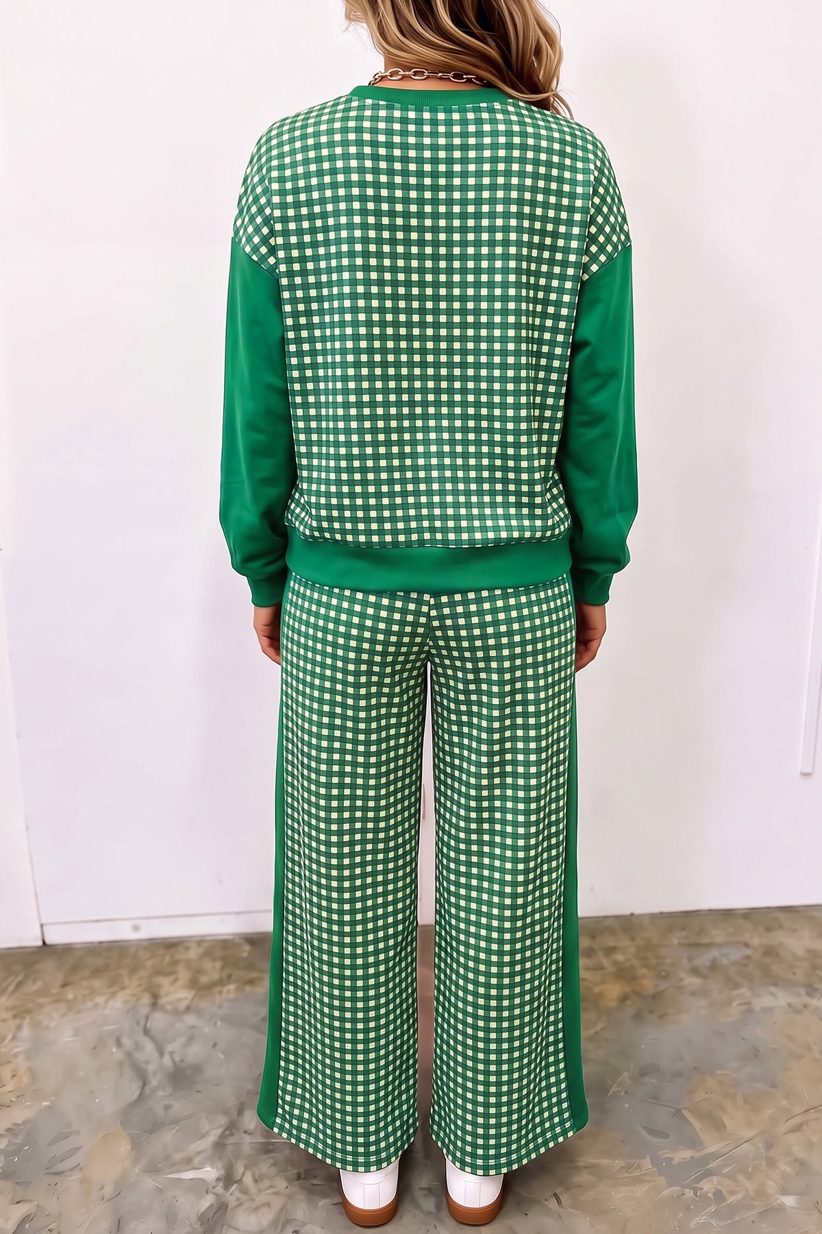 Red Color Block Plaid Patchwork Long Sleeve Pullover Wide Leg Pant Set
