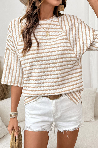 Textured Knit Split Hem Half Sleeve Loose Top