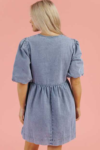 Bluebell Denim Bow Puff Sleeve Mini Dress