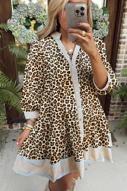 Khaki Leopard Stripe-Trim Mini Dress