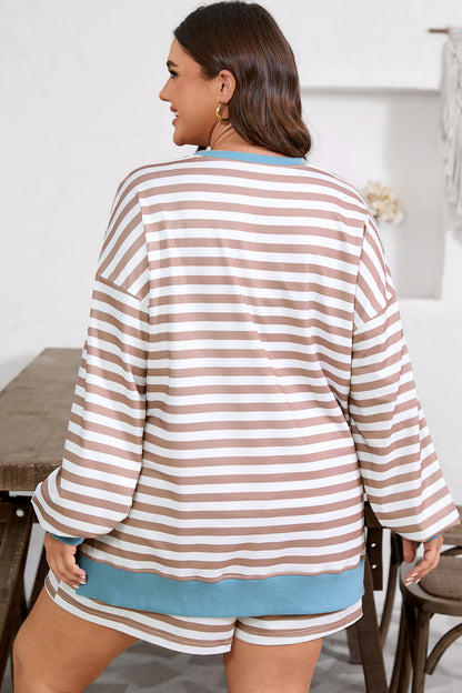 Sunset Striped Drop Shoulder Plus Size Shorts Set
