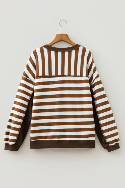 Brown Stripe Exposed-Seam Henley Sweatshirt