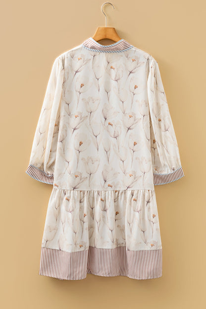 Plus Size Floral Stripe Trim Patchwork Button-Up Dress