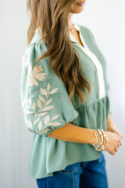 Embroidered Puff-Sleeve Babydoll Blouse