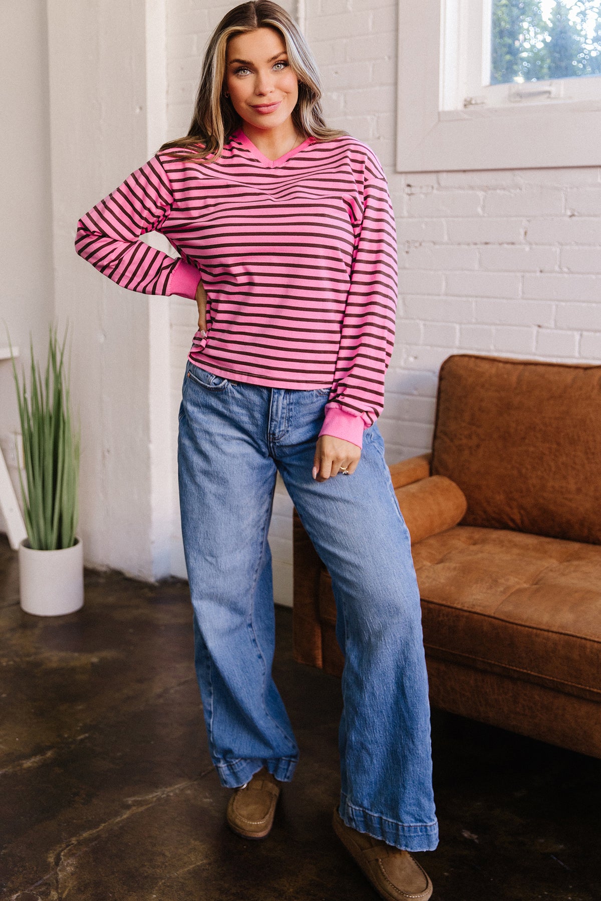 Striped Drop-Shoulder V-Neck Top