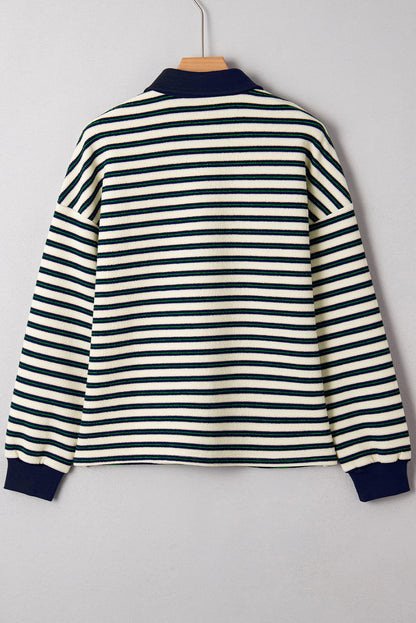 Stripe Contrast Zip Collared V-Neck Long Sleeve Top