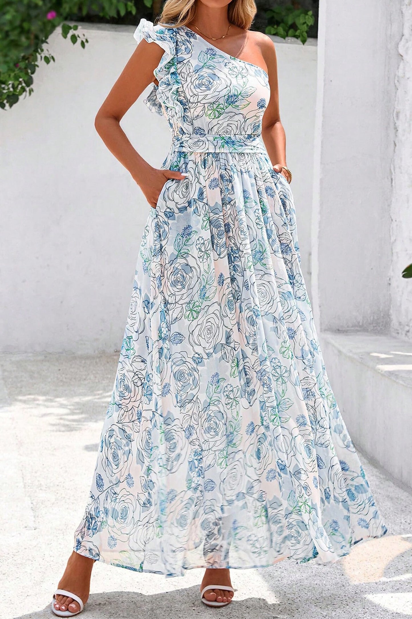 Garden Party Floral One-Shoulder Maxi Dress