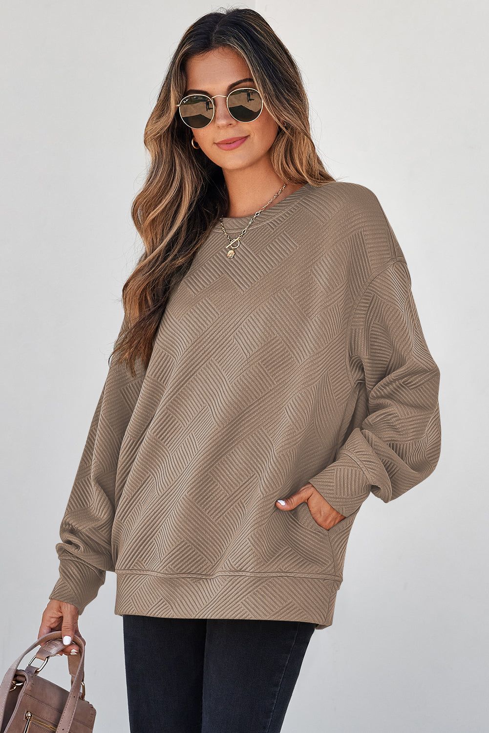 Textured Round Neck Drop Shoulder Pullover Sweatshirt