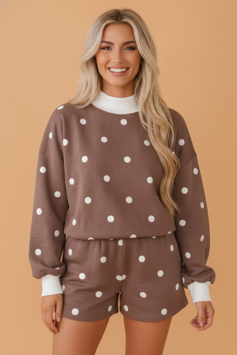 Polka Dot Ribbed Trim Long Sleeve Top & Shorts Set