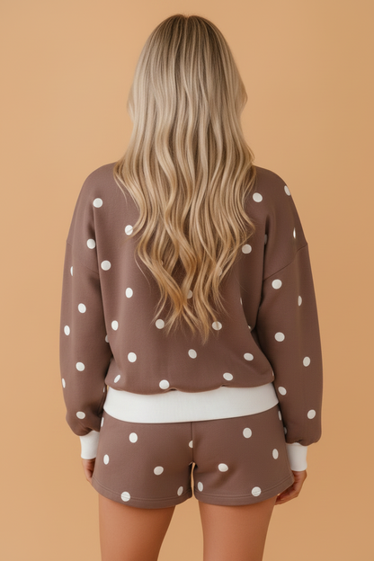 Polka Dot Ribbed Trim Long Sleeve Top & Shorts Set