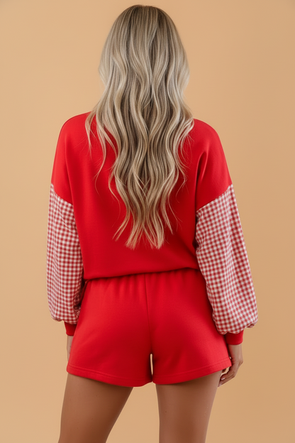 Gingham Patchwork Long Sleeve Top & Shorts Set