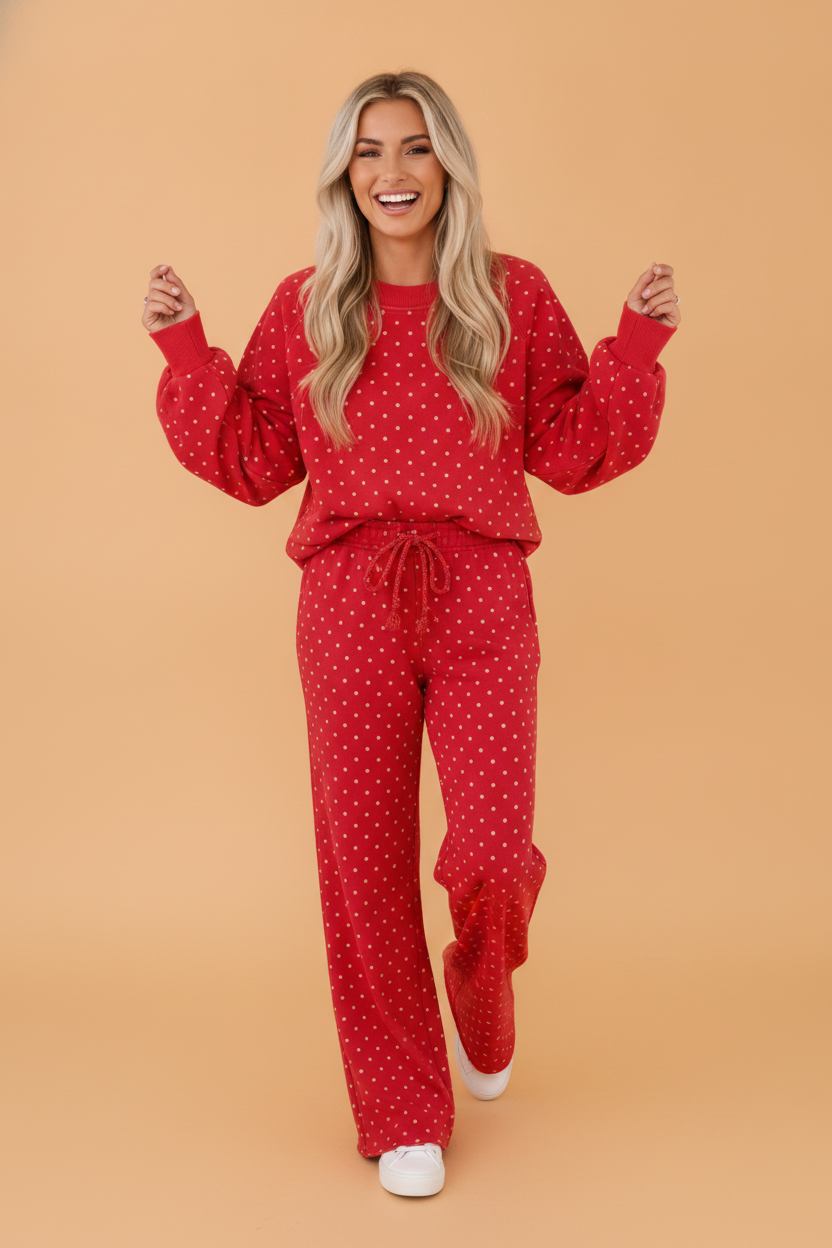 Polka Dot Long Sleeve Top & Wide Leg Pant Set