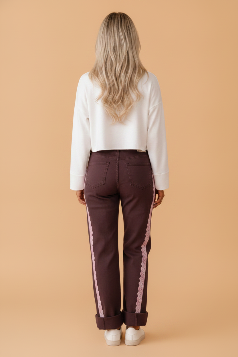 Lace Trim Side Stripe Straight Leg Jeans — product image 2