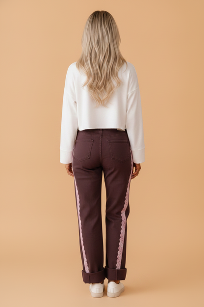 Lace Trim Side Stripe Straight Leg Jeans — product image 2