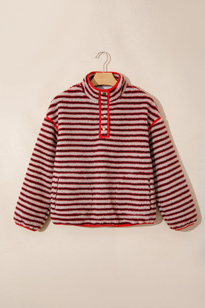 Stripe Fleece Contrast Trim Buttoned Sweatshirt
