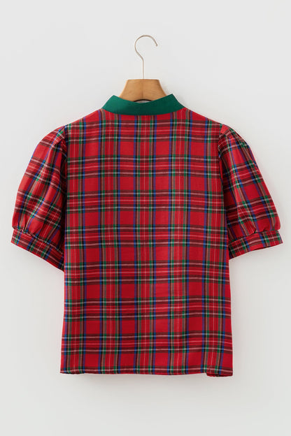 Plaid Contrast Trim V-Neck Short Sleeve Blouse