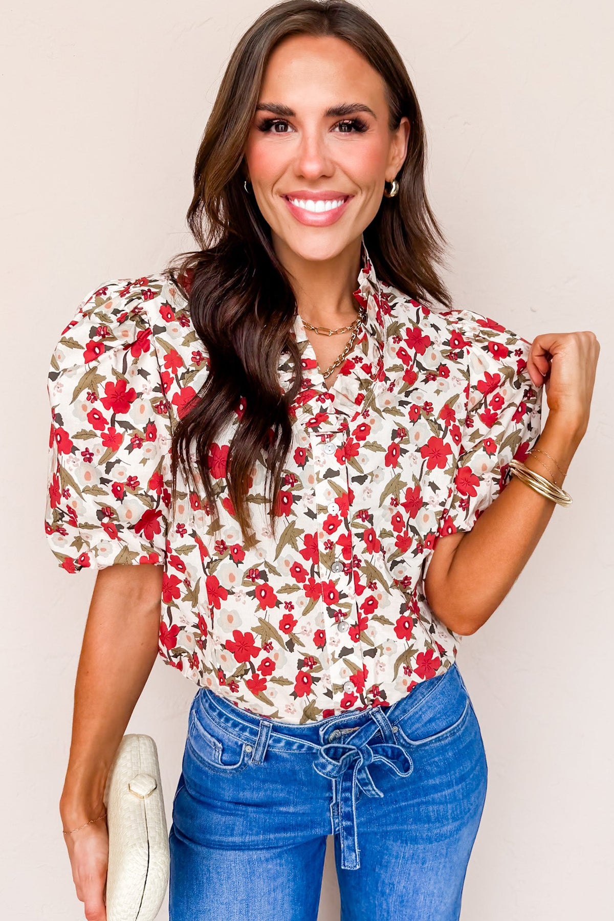 Floral Puff-Sleeve Button-Up Shirt