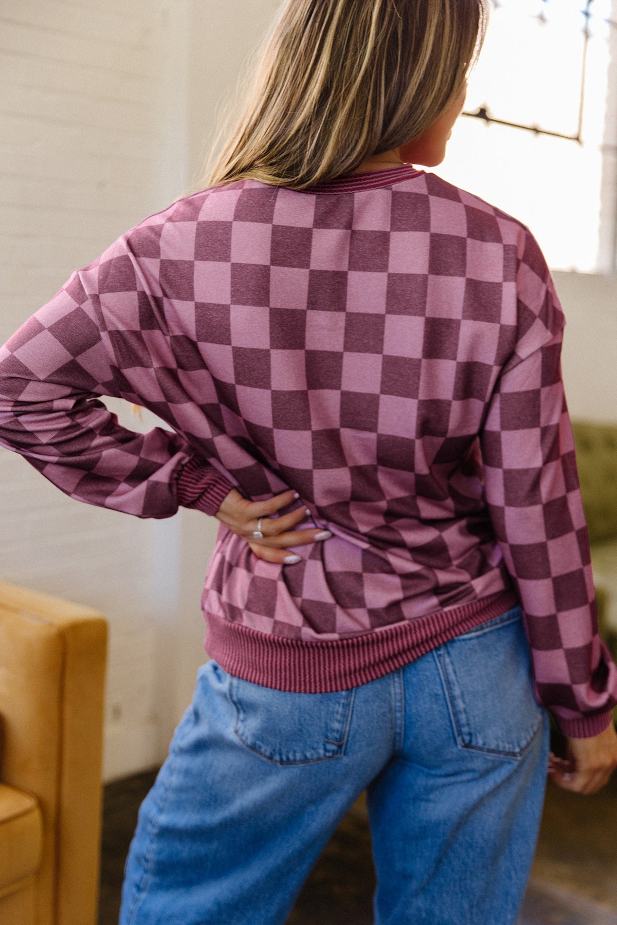 Red Check Ribbed-Trim Pullover