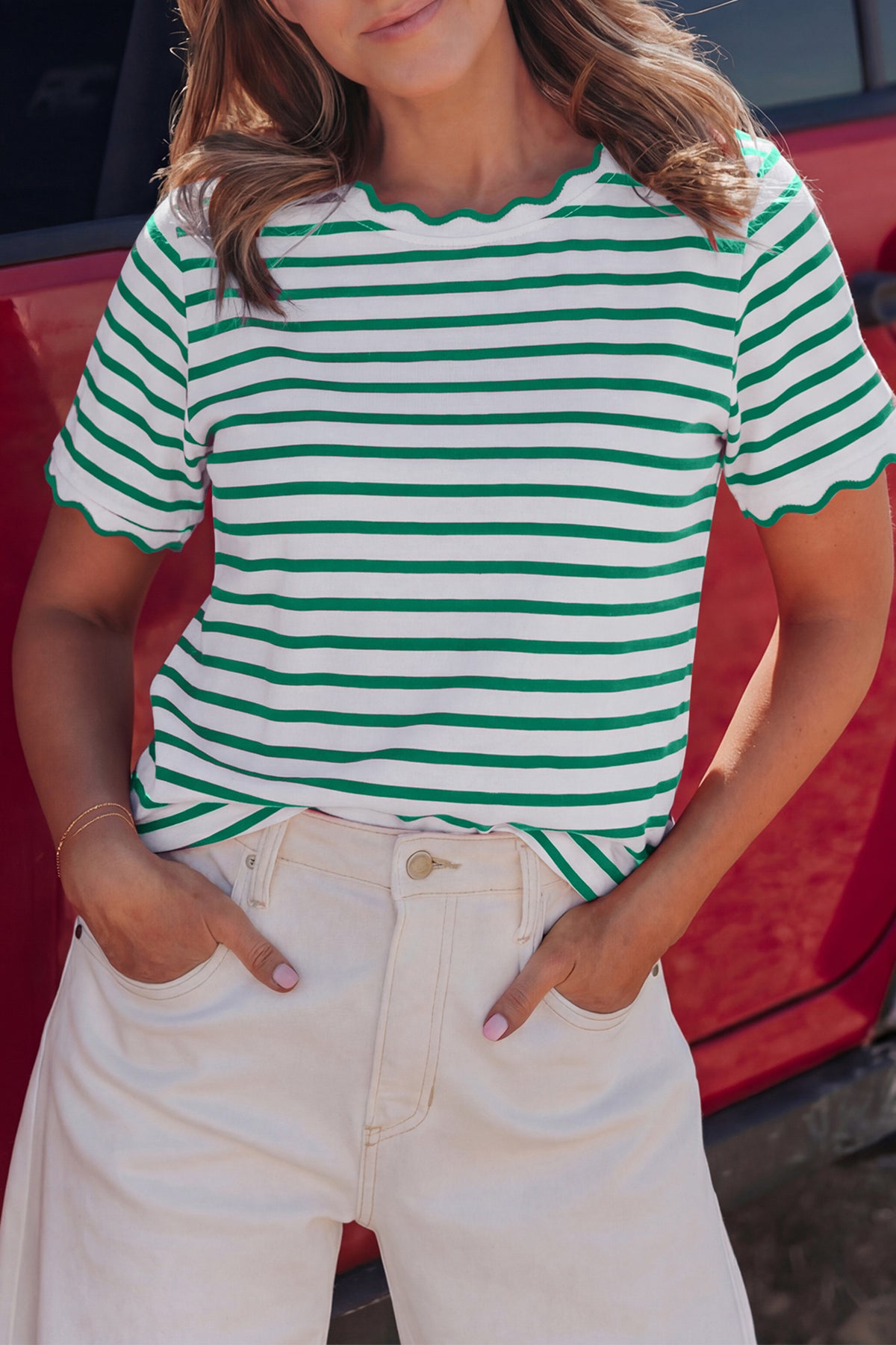 Scalloped Trim Round Neck T Shirt
