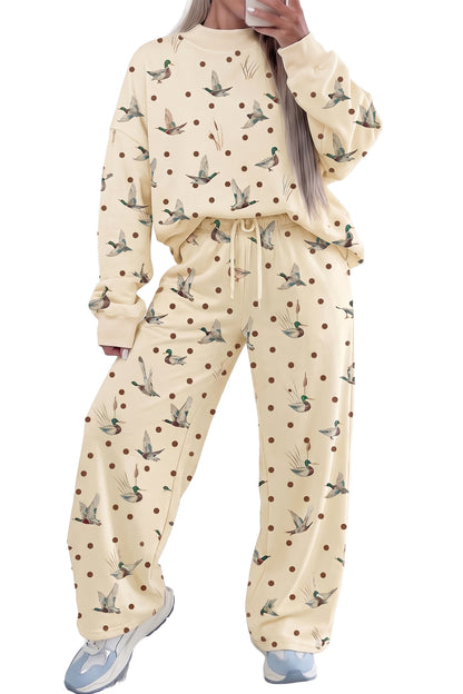 Beige Polka Dot Mallard Print Crewneck Pullover Two Piece Pants Set