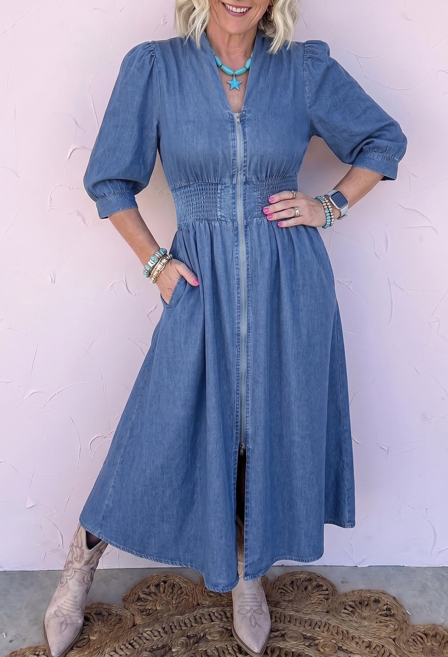 Riverbend Denim Puff Sleeve Midi Dress