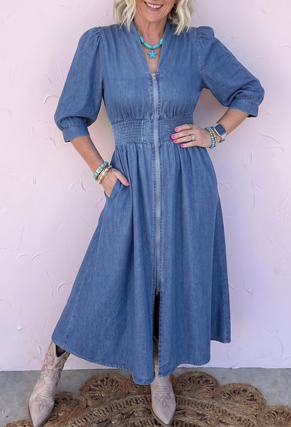 Riverbend Denim Puff Sleeve Midi Dress