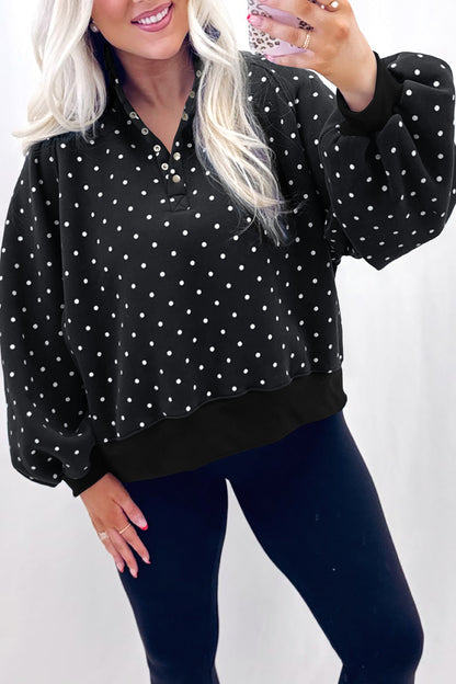 Polka Dot Button Collar Sweatshirt
