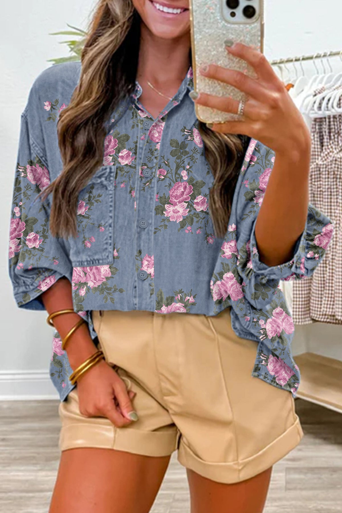 Floral Denim Bracelet-Sleeve Shirt