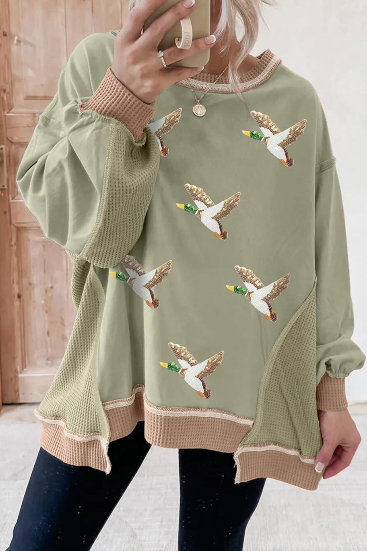 Sequin Mallard Waffle Patchwork Sweatshirt
