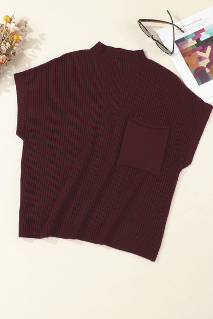 Solid Ribbed Knit Patch Pocket Short Sleeve Top