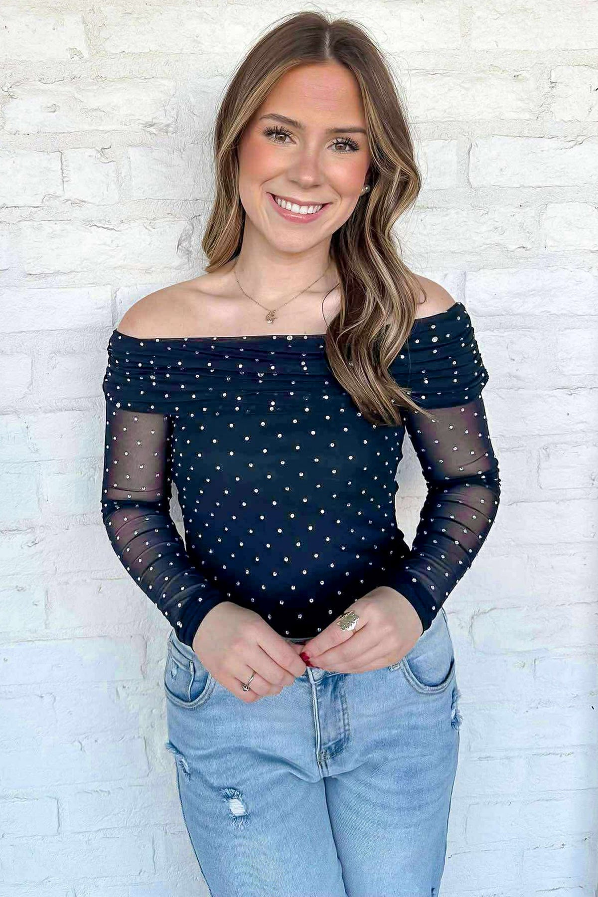Off-Shoulder Polka Dot Mesh Top
