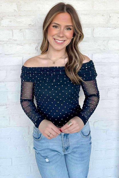 Off-Shoulder Polka Dot Mesh Top