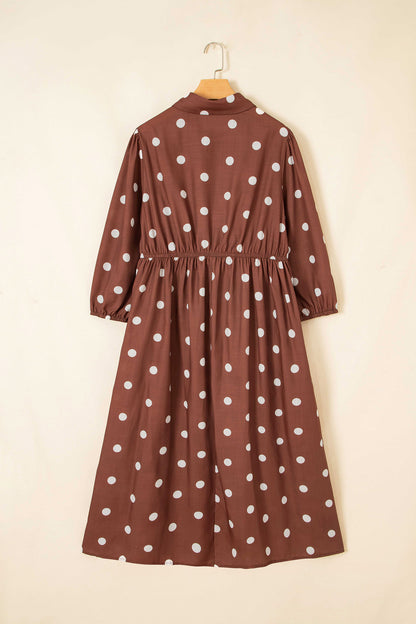 Brown Polka Dot Pocket Midi Dress