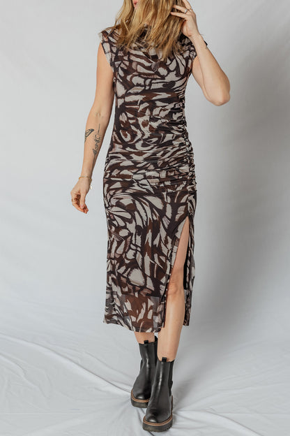 Dusk Abstract Mesh Ruched Midi Dress