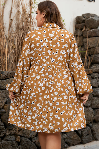 Khaki Daisy Floral Puff-Sleeve Dress