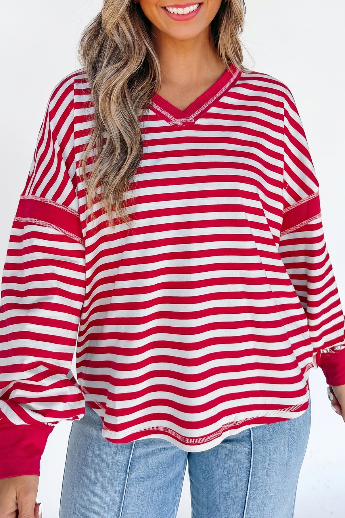 Striped Exposed-Seam V-Neck Pullover