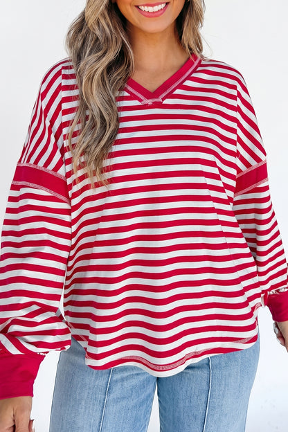 Striped Exposed-Seam V-Neck Pullover