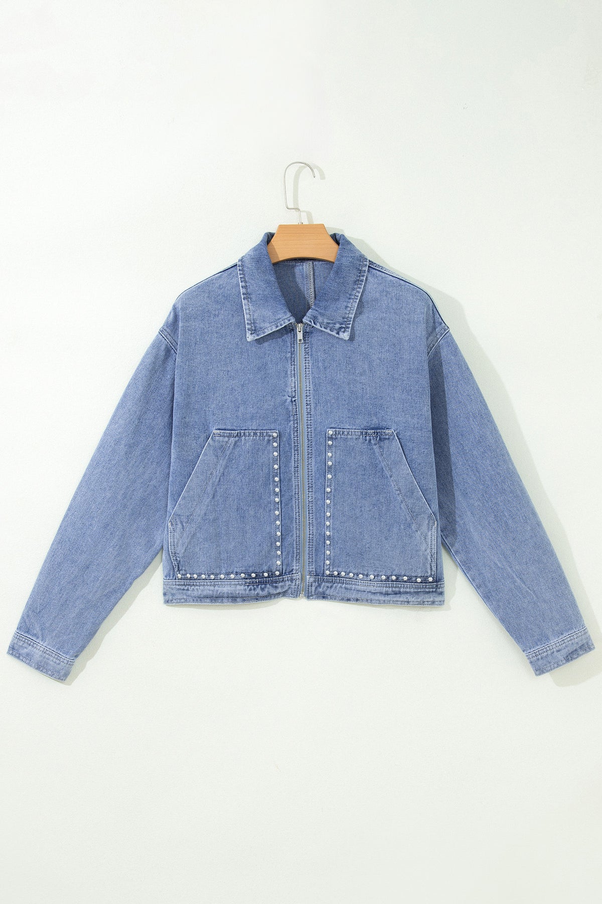 Beau Blue Studded Zip-Up Denim Jacket